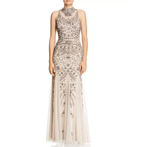 Aidan Mattox Beaded‎ Mesh Godet Gown 8 NEW Blush Champagne Mock Neck Open Back - Picture 1 of 15